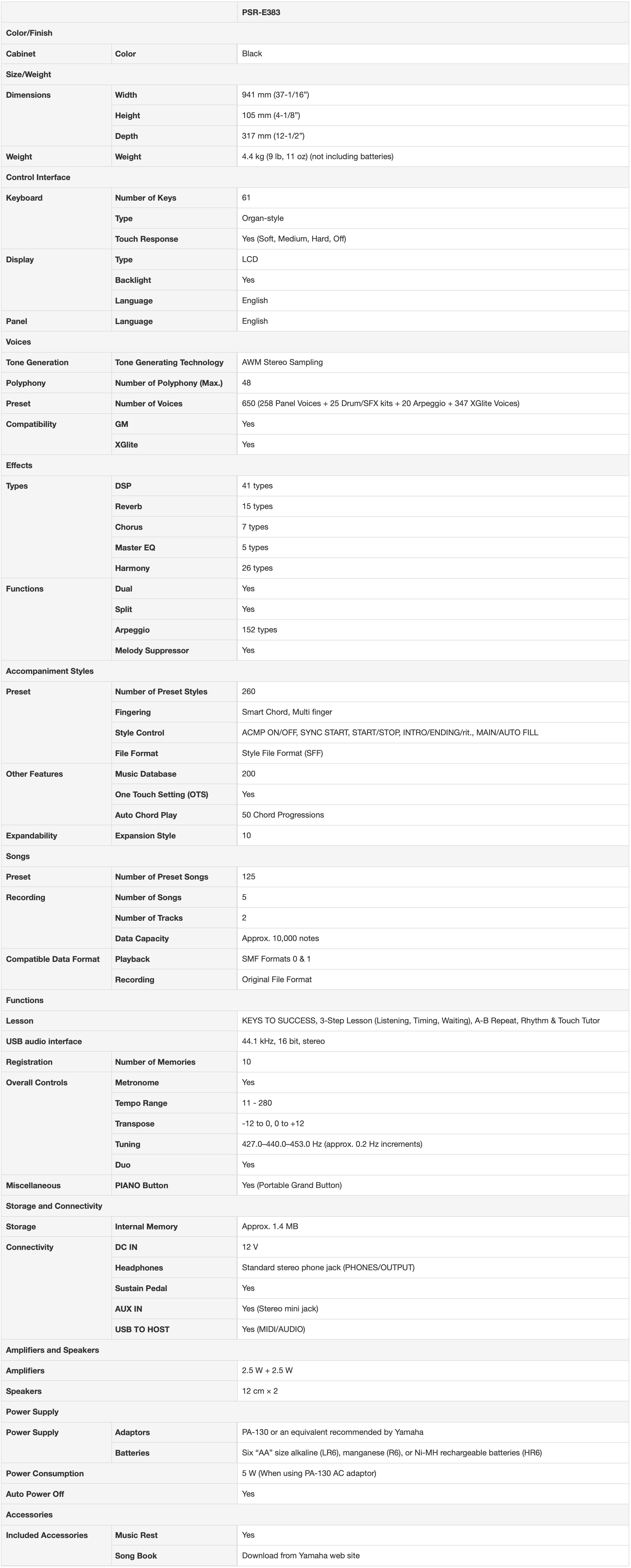 PSR-E383-Specs